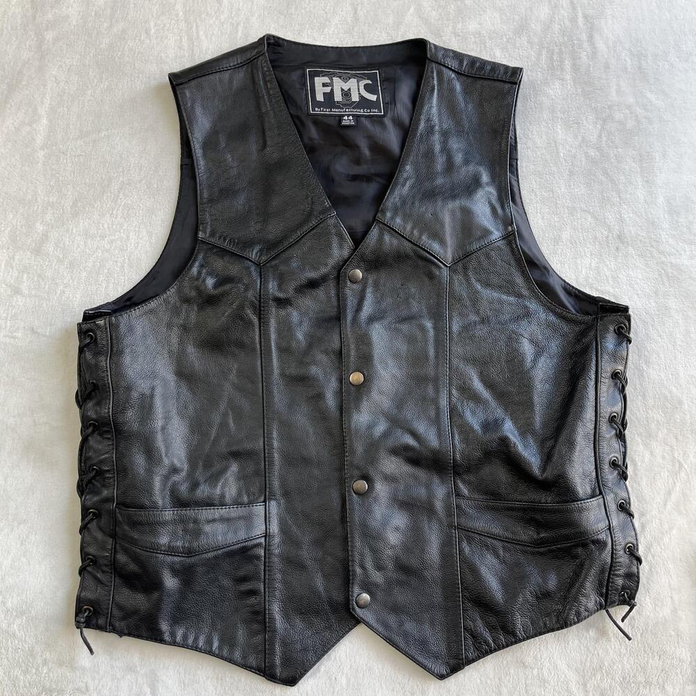 FMC First Manufacturing Vest Mens 44 Black Leather Side Lace Motorcycle M602